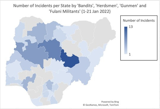 Table showing violent incidents by state in the first three weeks of 2022. Nigeria Report