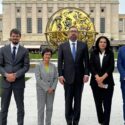 Panelists participating in a CSI-hosted UN Human Rights Council side event stand before the Palais des Nations in Geneva on 29 September 2026. Left to right: CSI Director for Public Advocacy Dr. Joel Veldkamp, European Free Alliance President Lorena Lopez de Lacalle, lawyer Karnig Kerkonian, Former Deputy Foreign Minister of the Republic of Artsakh Armine Aleksanyan, and Thibault van den Bossche of the European Center for Law and Justice. Credit: CSI
